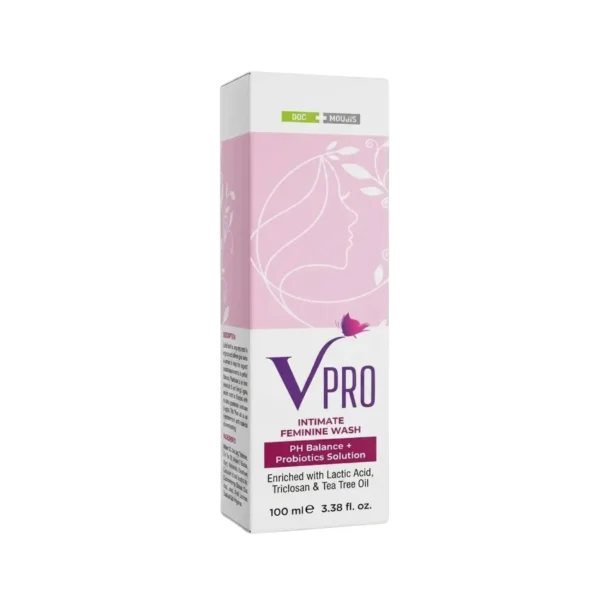 A 100ml bottle of VPRO intimate feminine wash, formulated as a pH balance and probiotics solution enriched with lactic acid, triclosan, and tea tree oil, featuring a pink design with a line-art illustration of a woman.