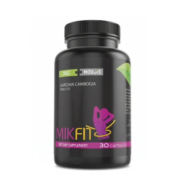 A black bottle of Mikfit dietary supplement containing 30 capsules of Garcinia Cambogia, featuring a purple silhouette of a person using a hula hoop.