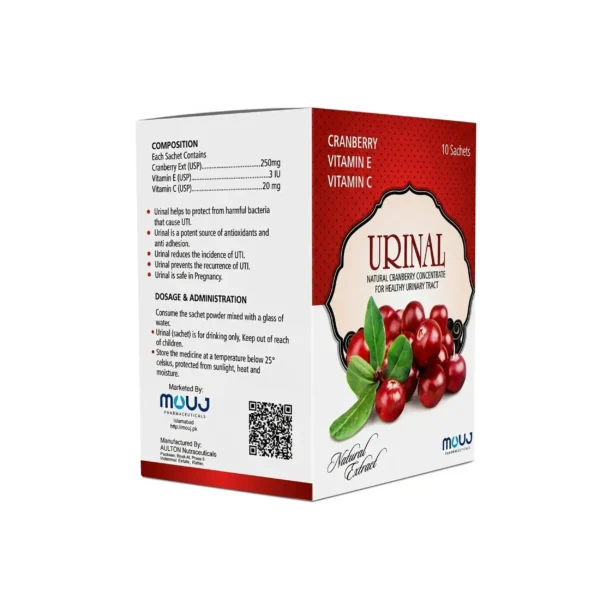A white and red box of URINAL natural cranberry concentrate, containing 10 sachets with Cranberry extract, Vitamin E, and Vitamin C to support urinary tract health.