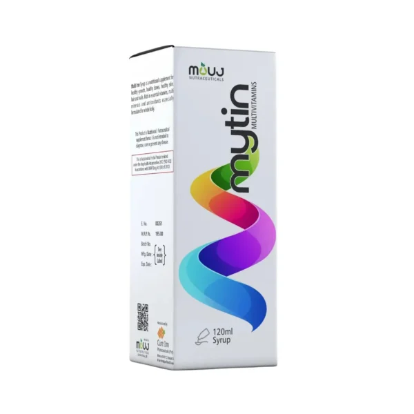 A white box of Mytin 120ml multivitamins syrup, featuring a colorful, spiraling ribbon graphic.