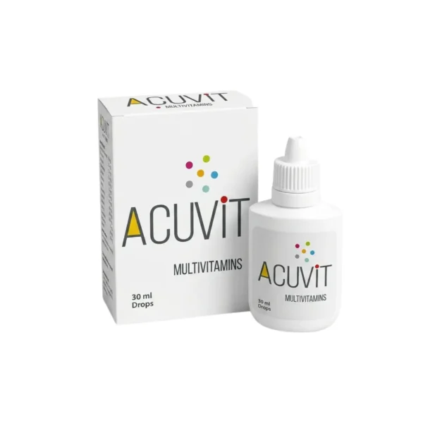 A bottle and packaging box of Acuvit Multivitamin drops, a 30ml nutritional supplement for daily health.