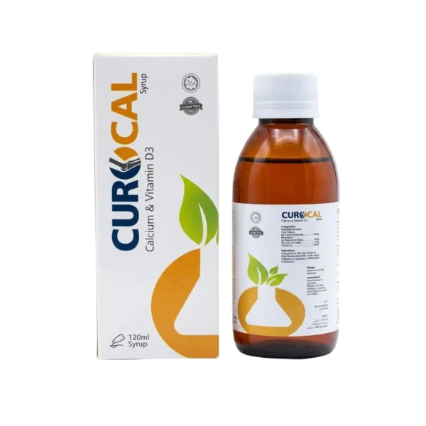 A white box and amber bottle of Curocal 120ml syrup, a calcium and vitamin D3 supplement featuring a green leaf and orange circular graphic.