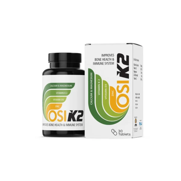A bottle and box of OSI K2 dietary supplement containing 30 tablets, which is formulated with Calcium, Magnesium, Vitamin K2, Vitamin D3, and Zinc to improve bone health and the immune system.