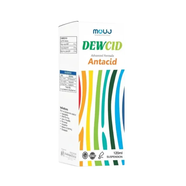 A white box of DEWCID 120ml advanced formula antacid suspension, featuring a colorful striped graphic and a list of indications for digestive relief.
