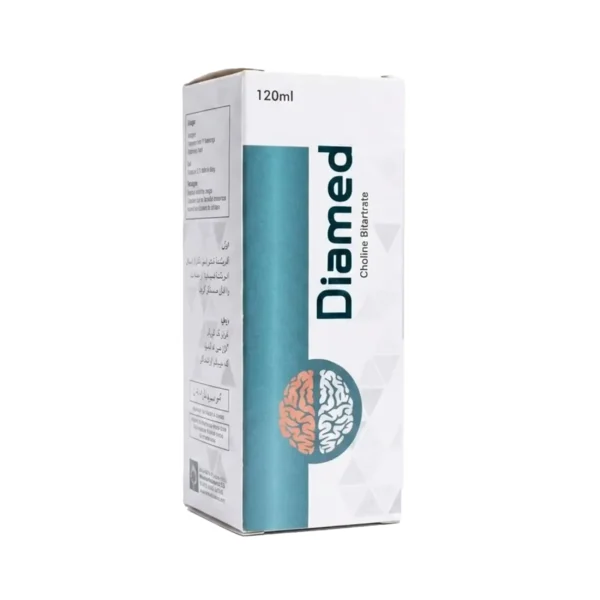 A white box of Diamed Choline Bitartrate 120ml featuring a teal vertical band and an icon depicting a brain split into two different textures.