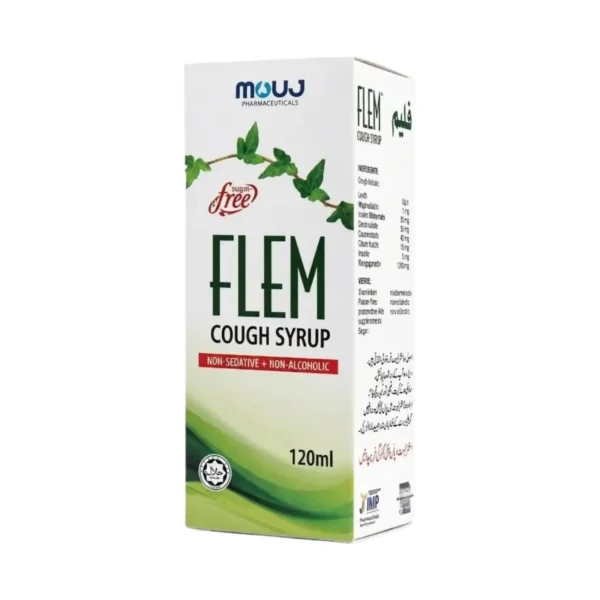 A white box of FLEM 120ml sugar-free, non-sedative, and non-alcoholic cough syrup, featuring a green leaf graphic.