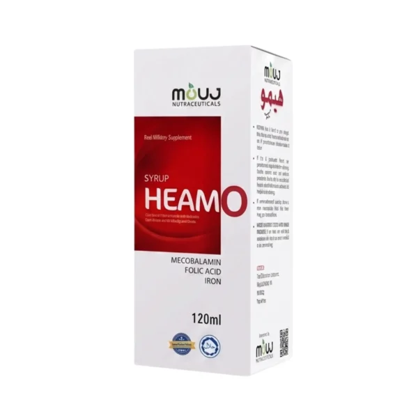 A white box of Heamo 120ml syrup, a red blood cell supplement containing mecobalamin, folic acid, and iron.
