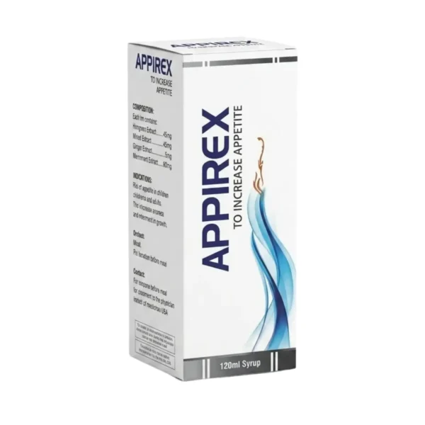 A white box of APPIREX 120ml syrup designed to increase appetite, featuring a blue flowing graphic element.