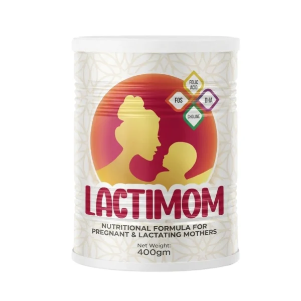 A 400g container of Lactimom nutritional formula designed for pregnant and lactating mothers, featuring a silhouette of a mother and child with icons highlighting folic acid, DHA, FOS, and choline.