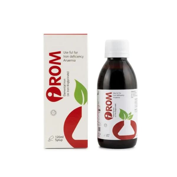 A white box and dark bottle of IROM 120ml syrup, indicated for iron deficiency anaemia, featuring a red logo and a green leaf graphic.