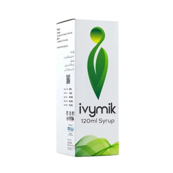 A white box of Ivymik 120ml syrup featuring a prominent green leaf-shaped icon and green flowing graphic accents at the base.