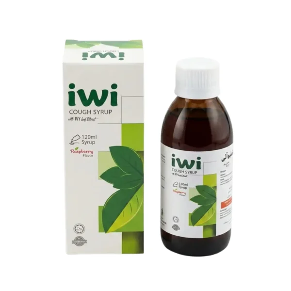 A white box and dark bottle of iwi 120ml cough syrup with ivy leaf extract and raspberry flavor, featuring a green leaf graphic.