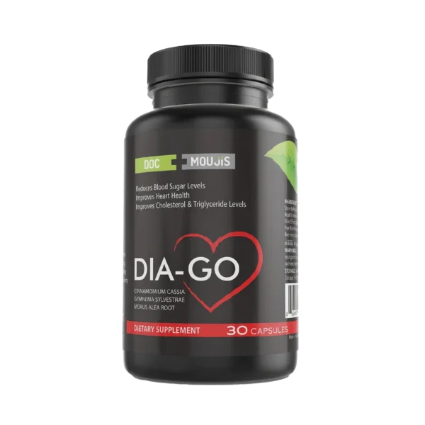 A black bottle of DIA-GO dietary supplement containing 30 capsules, formulated with Cinnamomum cassia, Gymnema sylvestre, and Vitus alea-root to help reduce blood sugar levels, improve heart health, and improve cholesterol and triglyceride levels.