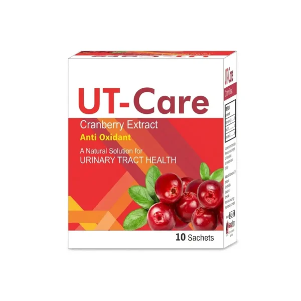 A white and red box of UT-Care, a natural cranberry extract antioxidant solution for urinary tract health, containing 10 sachets and featuring imagery of fresh cranberries.