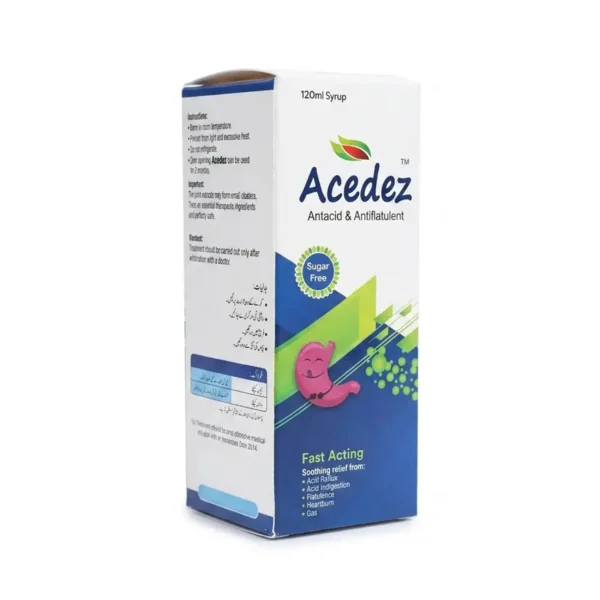 A white and blue box of sugar-free Acedez 120ml syrup, featuring a pink stomach character and text highlighting fast-acting relief from acid reflux, acid indigestion, flatulence, heartburn, and gas.