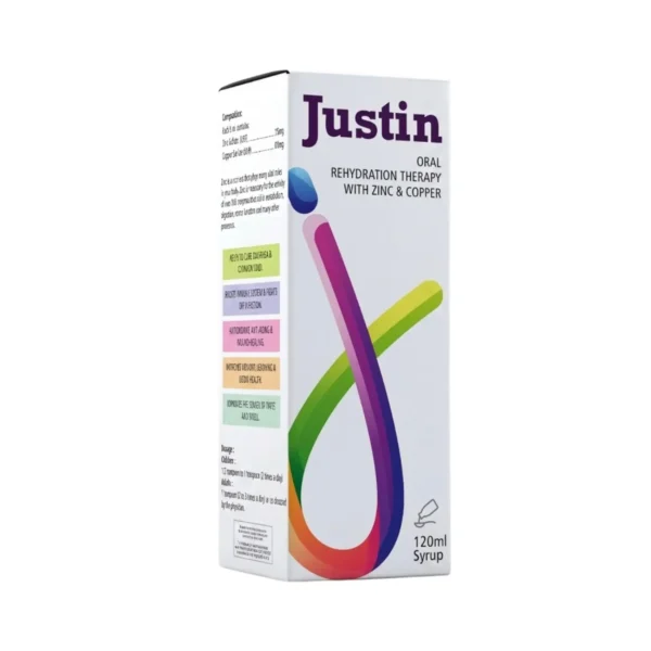 A white box of Justin Oral Rehydration Therapy with Zinc & Copper 120ml syrup featuring a stylized, colorful looping graphic.
