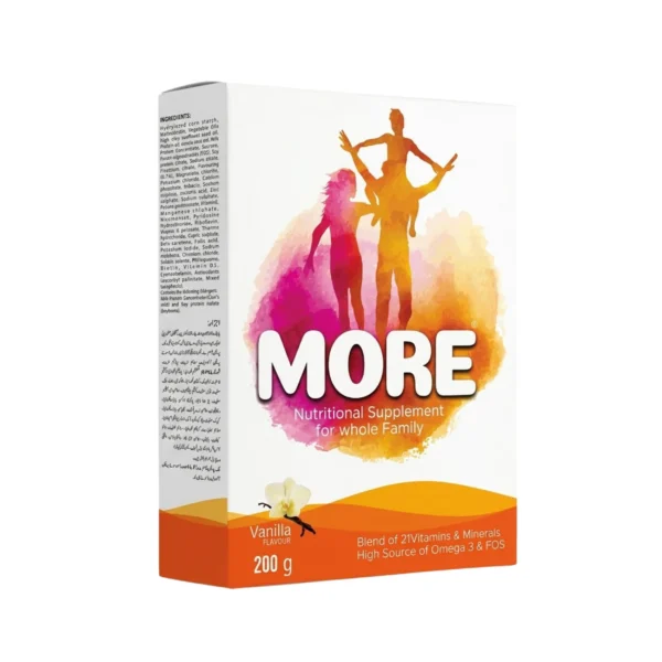 A 200g box of vanilla-flavored MORE nutritional supplement for the whole family, featuring a watercolor-style graphic of a family and text highlighting a blend of 21 vitamins and minerals along with a high source of Omega-3 and FOS.
