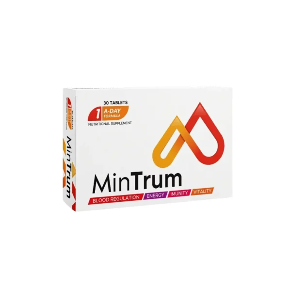 A box of MinTrum nutritional supplement containing 30 tablets with a 1-a-day formula, designed to support blood regulation, energy, immunity, and vitality.