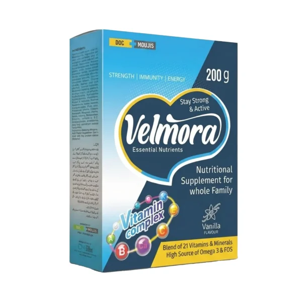 A 200g box of vanilla-flavored Velmora nutritional supplement for the whole family, featuring a vitamin complex graphic and text indicating a blend of 21 vitamins and minerals along with a high source of Omega-3 and FOS.