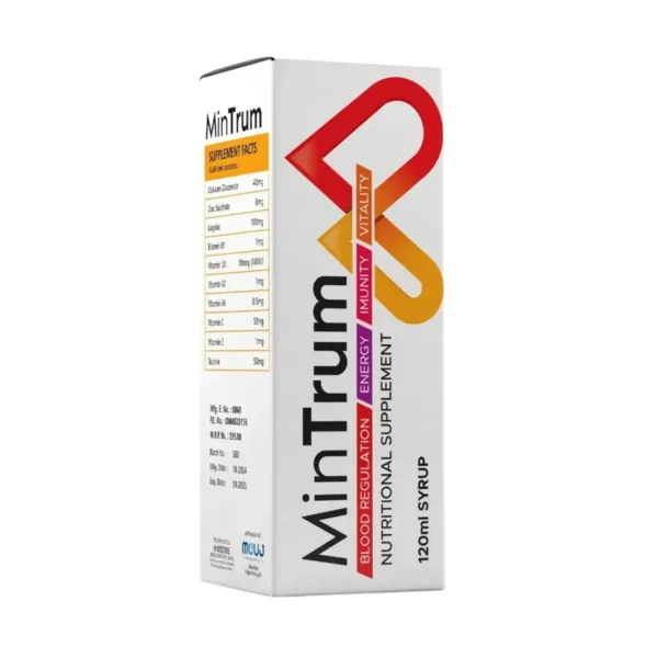 A white box of MinTrum 120ml nutritional supplement syrup, featuring a red and orange heart-shaped graphic and text highlighting benefits for blood regulation, energy, immunity, and vitality.
