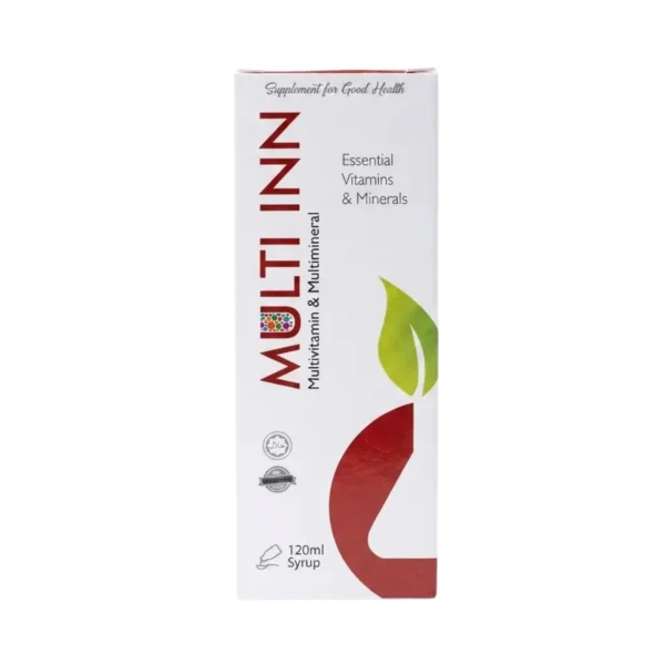 A white box of MULTI INN 120ml syrup, a supplement for good health containing essential vitamins and minerals, featuring a red logo and a green leaf graphic.