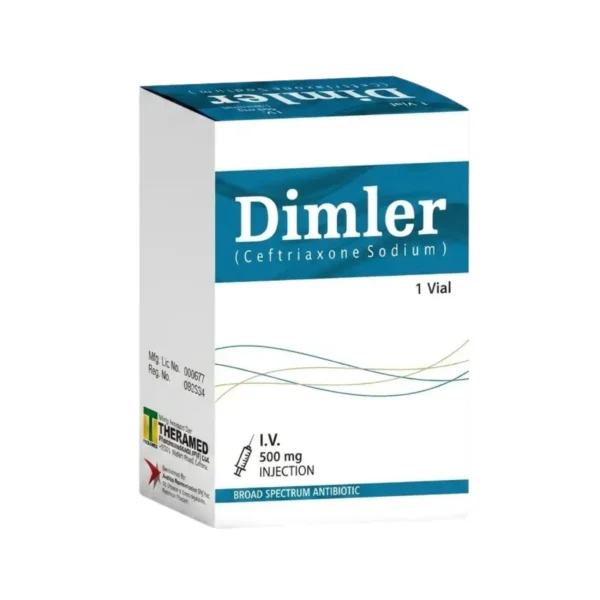 A white and teal box of Dimler 500mg Ceftriaxone Sodium broad-spectrum antibiotic injection for I.V. use, containing 1 vial.