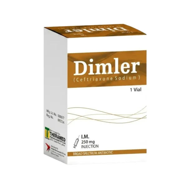 A white and brown box of Dimler 250mg Ceftriaxone Sodium broad-spectrum antibiotic injection for I.M. use, containing 1 vial.