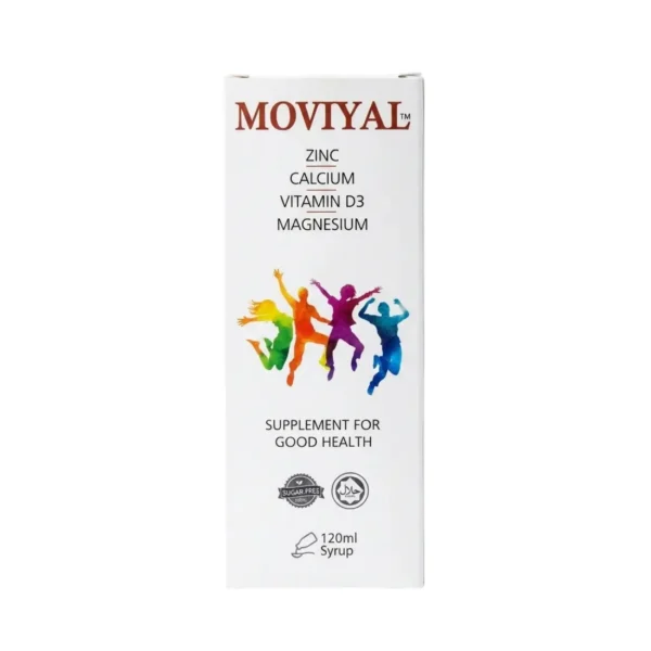 A white box of Moviyal 120ml syrup, a supplement for good health containing zinc, calcium, vitamin D3, and magnesium, featuring a graphic of four colorful figures jumping.