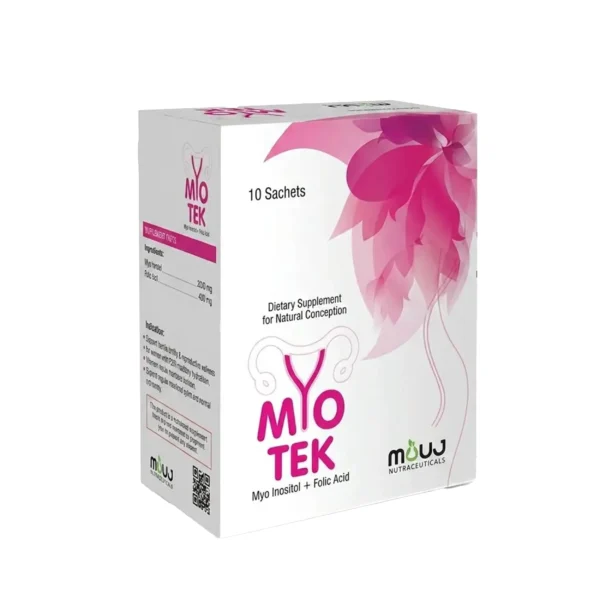 A white box of Myotek dietary supplement for natural conception, containing 10 sachets of Myo Inositol and Folic Acid, accented with a pink floral design.