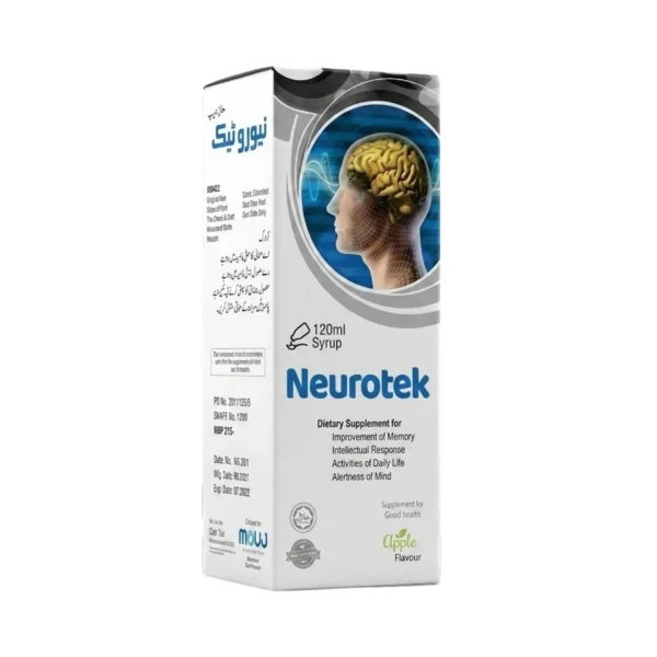 A white box of Neurotek 120ml dietary supplement syrup featuring a profile illustration with a glowing yellow brain, formulated for memory improvement and mental alertness.