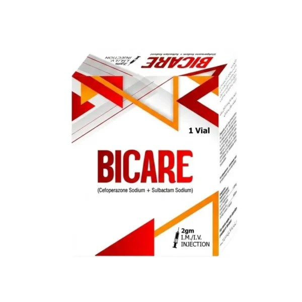 A white box of BICARE 2gm injection for I.M./I.V. use, containing Cefoperazone Sodium and Sulbactam Sodium, featuring a geometric design with orange and red triangular elements and one vial.