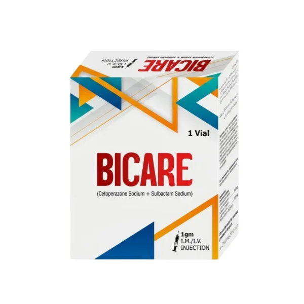A white box of BICARE 1gm injection for I.M./I.V. use, containing Cefoperazone Sodium and Sulbactam Sodium, featuring a geometric design with orange, blue, and teal triangular elements and one vial.