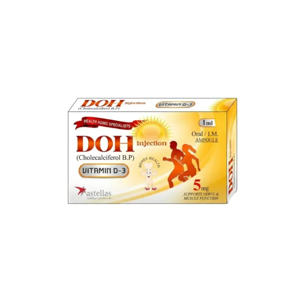 A box of DOH Vitamin D-3 injection, containing a 1ml cholecalciferol ampoule, featuring a sun graphic and imagery of active people to represent bone and muscle health support.