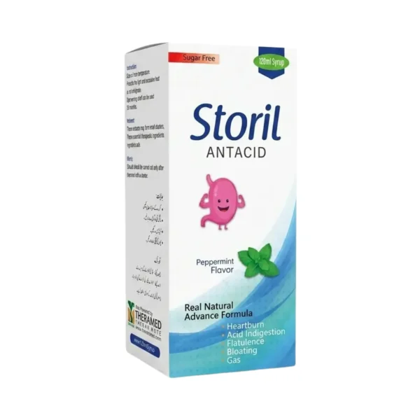 A white box of sugar-free Storil antacid with peppermint flavor, featuring a cute pink stomach character and text indicating it is for heartburn, acid indigestion, flatulence, bloating, and gas.