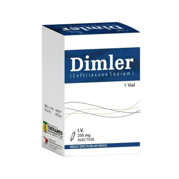 A white and blue box of Dimler 250mg Ceftriaxone Sodium broad-spectrum antibiotic injection for I.V. use, containing 1 vial.