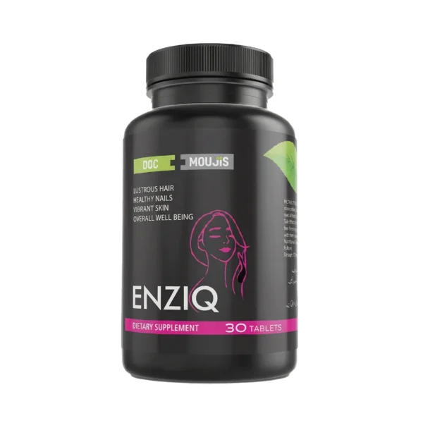 A black bottle of Enziq dietary supplement containing 30 tablets, formulated to support lustrous hair, healthy nails, vibrant skin, and overall well-being.
