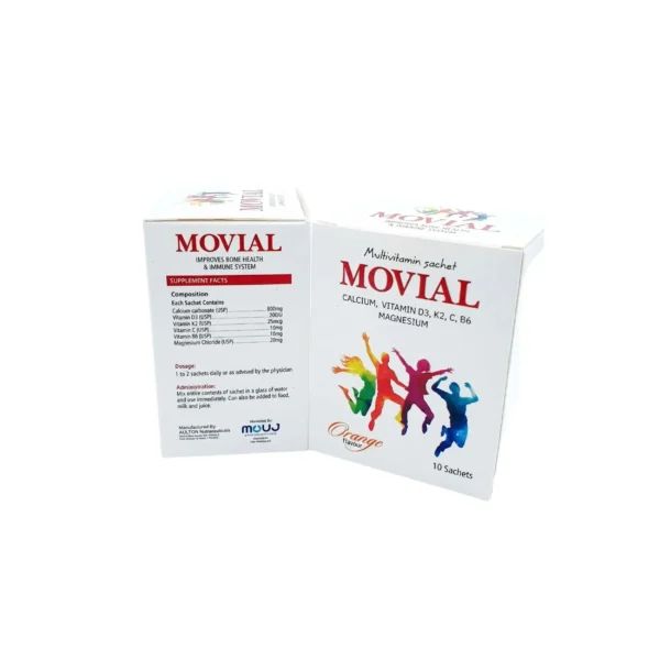 A package of 10 orange-flavored Movial multivitamin sachets, containing Calcium, Vitamin D3, K2, C, B6, and Magnesium, featuring an illustration of people jumping.
