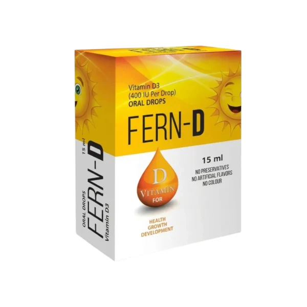 A 15ml package of FERN-D Vitamin D3 oral drops, formulated with 400 IU per drop to support health, growth, and development, and featuring a sun-themed design with no preservatives, artificial flavors, or colors.