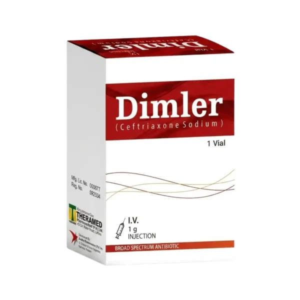 A white and red box of Dimler 1g Ceftriaxone Sodium broad-spectrum antibiotic injection for I.V. use, containing 1 vial.