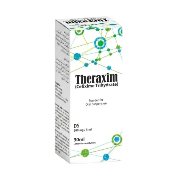 A white box of Theraxim (Cefixime Trihydrate) DS powder for oral suspension, featuring a green and blue molecular network design and containing 30ml after reconstitution.