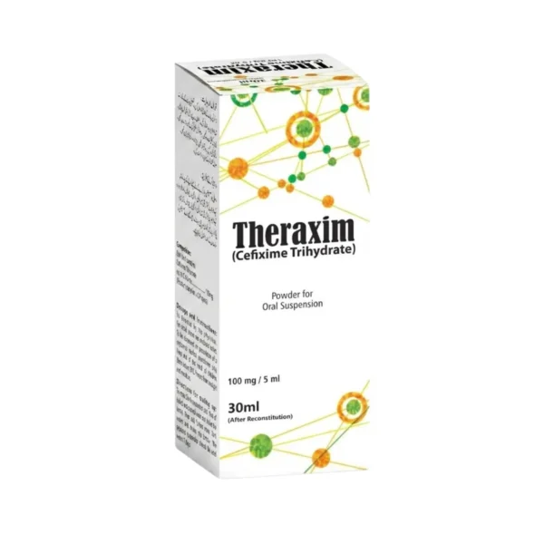 A white box of Theraxim (Cefixime Trihydrate) powder for oral suspension featuring a green and orange molecular network design, containing 30ml after reconstitution at a concentration of 100 mg / 5 ml.