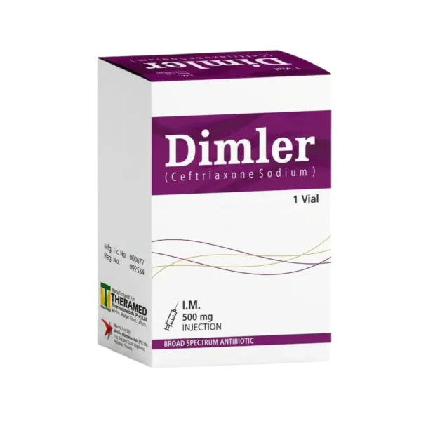 A white and purple box of Dimler 500mg Ceftriaxone Sodium broad-spectrum antibiotic injection for I.M. use, containing 1 vial.