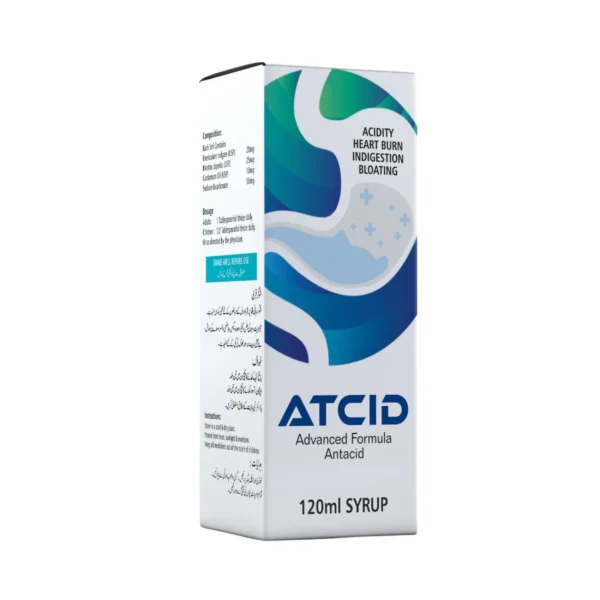 A white box of ATCID Advanced Formula Antacid 120ml syrup featuring a blue and green stomach graphic, indicated for acidity, heart burn, indigestion, and bloating.