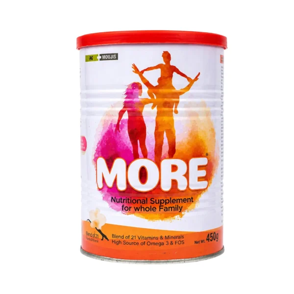 A 450g canister of MORE nutritional supplement for the whole family, featuring a colorful watercolor-style graphic of a family and text highlighting a blend of 21 vitamins and minerals along with a high source of Omega-3 and FOS.