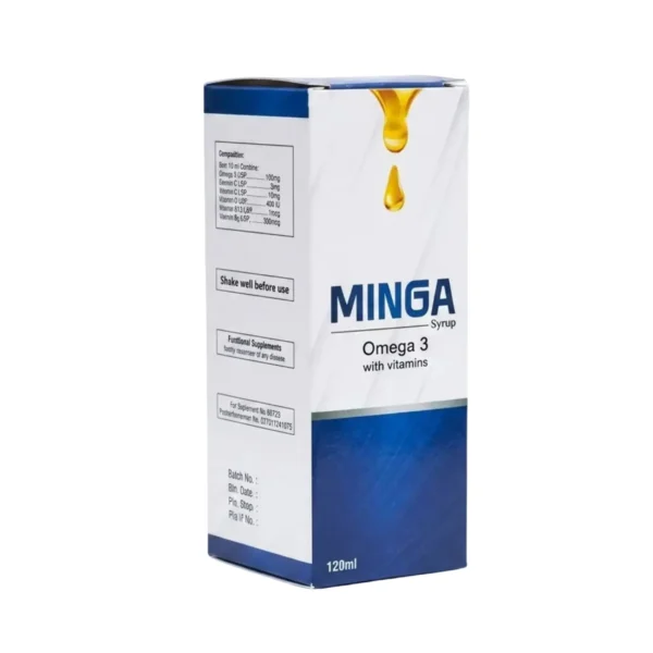 A white and blue box of MINGA Omega 3 Syrup with vitamins, 120ml, featuring a graphic of golden oil drops.