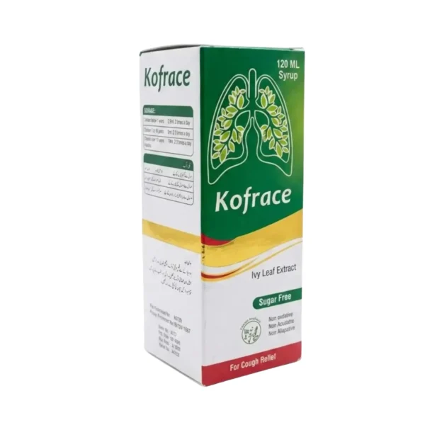 A green and white box of Kofrace Ivy Leaf Extract 120ml sugar-free cough syrup featuring a leaf-patterned lung graphic.