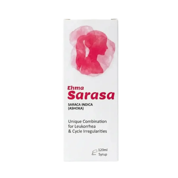 A white box of Ehma Sarasa Saraca Indica (Ashoka) 120ml syrup featuring a pink watercolor silhouette of a woman's profile, indicated for leukorrhea and cycle irregularities.
