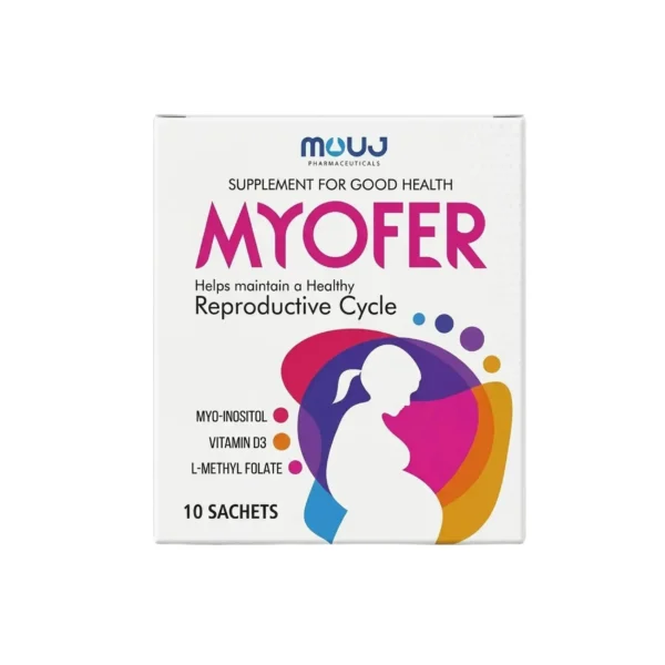 A white box of Myofer, a supplement for good health that helps maintain a healthy reproductive cycle, containing 10 sachets with Myo-inositol, Vitamin D3, and L-methyl folate, featuring a silhouette of a pregnant woman surrounded by colorful abstract shapes.