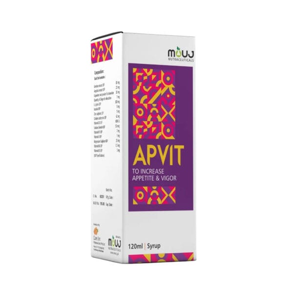 A white box of APVIT 120ml syrup designed to increase appetite and vigor, featuring a purple rectangular graphic with yellow geometric patterns.