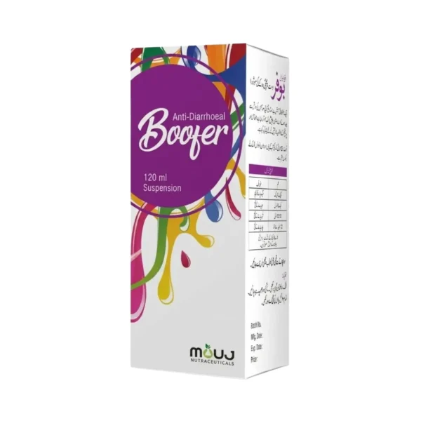 A white box of Boofer Anti-Diarrhoeal 120 ml suspension featuring vibrant, colorful liquid splash graphics and a large purple circle containing the product name.